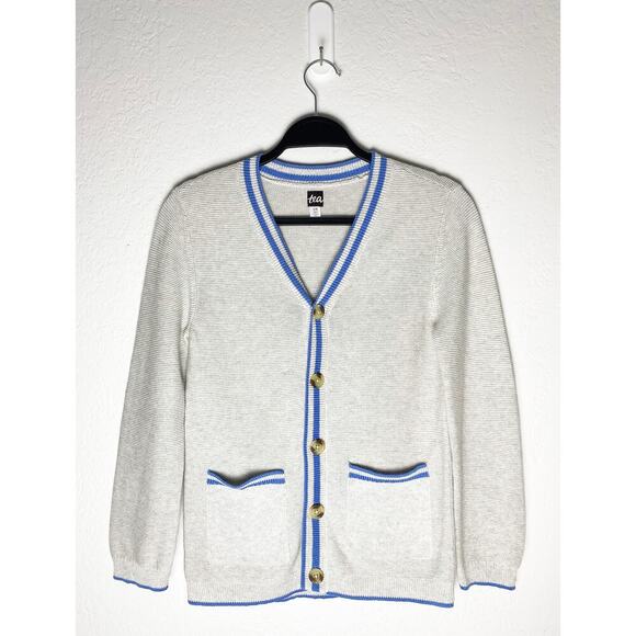 Tea Collection Girl's Button Front Cardigan Preppy Grey Sweater Blue Stripe Trim - Picture 1 of 7
